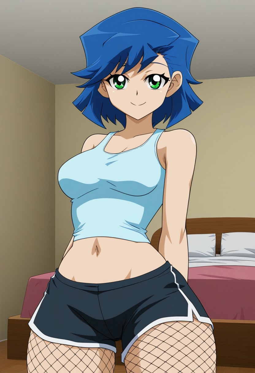 YGO, 1girl, solo, blue hair, green eyes, medium breast, thick thighs, navel, midriff, tank top, shorts, fishnet thighhigh, bedroom, smile, Expressiveh