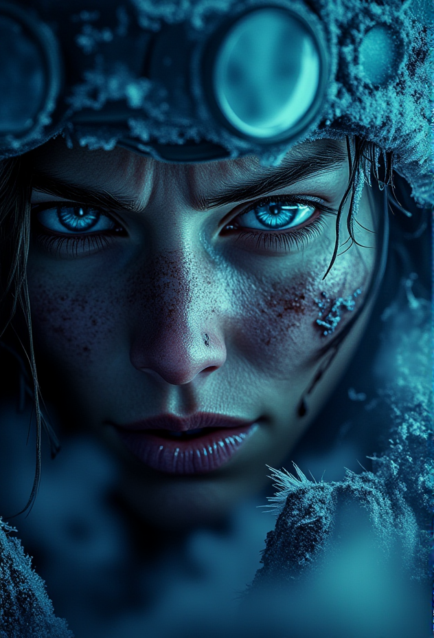 A close-up of a frost-covered, weary face with chapped lips and intense eyes, details of frozen eyelashes, under dramatic, moody lighting, snowflakes delicately resting on the skin, cinematic focus on facial texture and raw survivalist expression, illuminated by cold, blue-toned lighting, steam and frost swirling in the background, with the words âFrostpunk Styleâ prominently centered in the upper-middle area of the image, bold frost-cracked letters with a metallic texture that blend with the icy ambiance, appearing as if etched in frozen steel  bv-fropunsty<lora:bv-frostpunk-style-v1.safetensors:1.0:1.0>