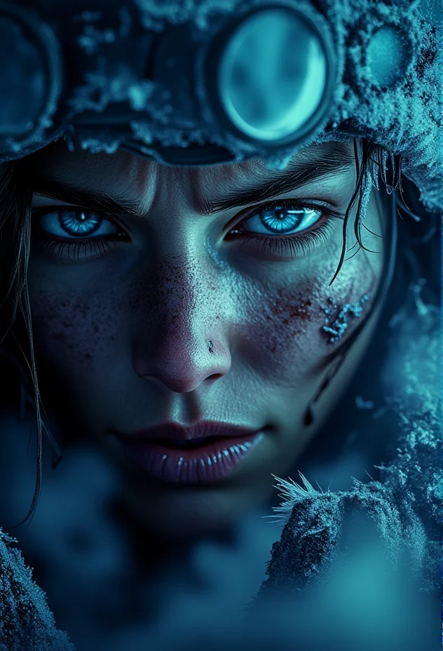 A close-up of a frost-covered, weary face with chapped lips and intense eyes, details of frozen eyelashes, under dramatic, moody lighting, snowflakes delicately resting on the skin, cinematic focus on facial texture and raw survivalist expression, illuminated by cold, blue-toned lighting, steam and frost swirling in the background, with the words âFrostpunk Styleâ prominently centered in the upper-middle area of the image, bold frost-cracked letters with a metallic texture that blend with the icy ambiance, appearing as if etched in frozen steel bv-fropunsty<lora:bv-frostpunk-style-v1.safetensors:1.0:1.0>