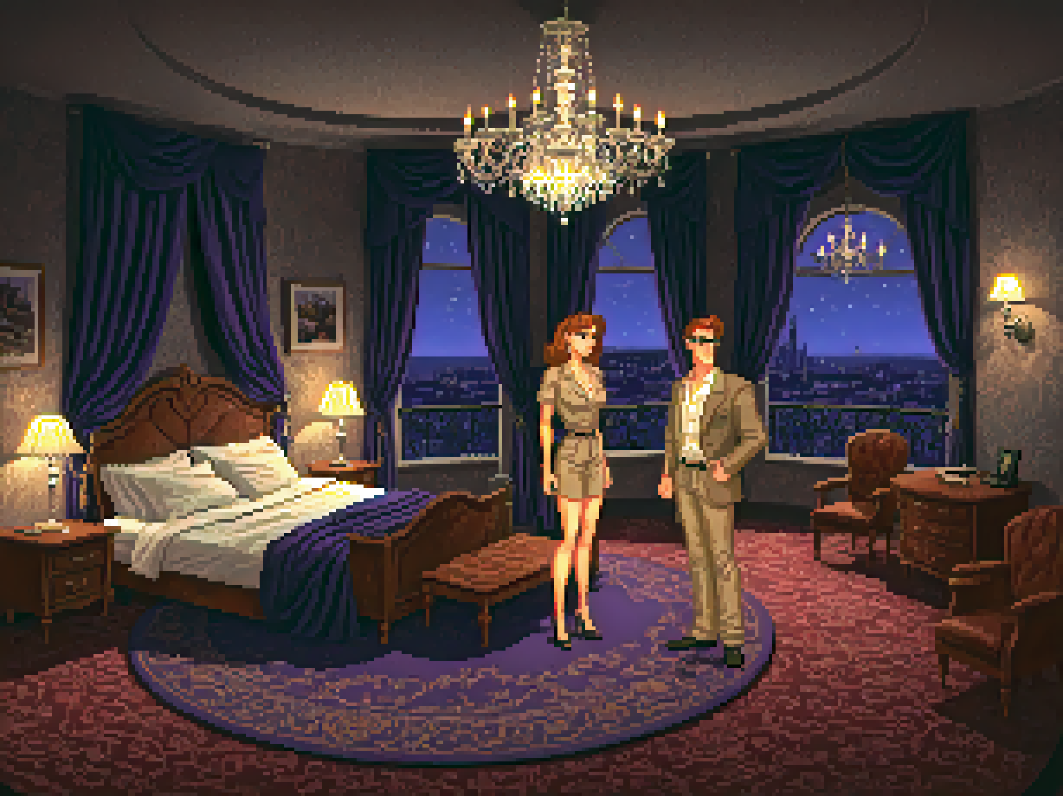lucasarts style,  a man and woman in a posh hotel room, at night, bed, chandelier, rug, round table, flat shading, detailed, wide angle <lora:lucasarts style:1.3>