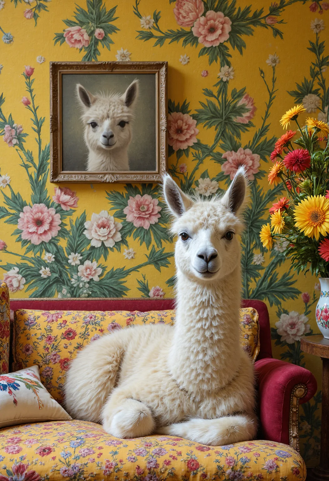 A whimsical and cozy vintage room with a charming llama comfortably lounging on a richly patterned sofa. The walls are covered in vibrant, mustard-yellow wallpaper adorned with large, intricate floral designs in shades of pink, green, and white, creating a lively, eclectic backdrop. Above the llama, a framed painting of a similar llama hangs on the wall, adding a humorous and quirky touch to the scene. The sofa is covered with colorful, embroidered cushions featuring folk-art motifs, adding texture and warmth. Nearby, a vase filled with bright, fresh flowers in reds, yellows, and greens completes the cheerful, eccentric atmosphere. Render in the style of Tim Walker, capturing his surreal yet elegant approach, with a touch of Wes Anderson's meticulous color palette and vintage aesthetic. in the style of Jed-clrfl <lora:flux-colourful:0.3> <lora:Sinfully_Stylish_.02_for_FLUX:0.6> <lora:FluxDFaeTasticDetails:0.7>