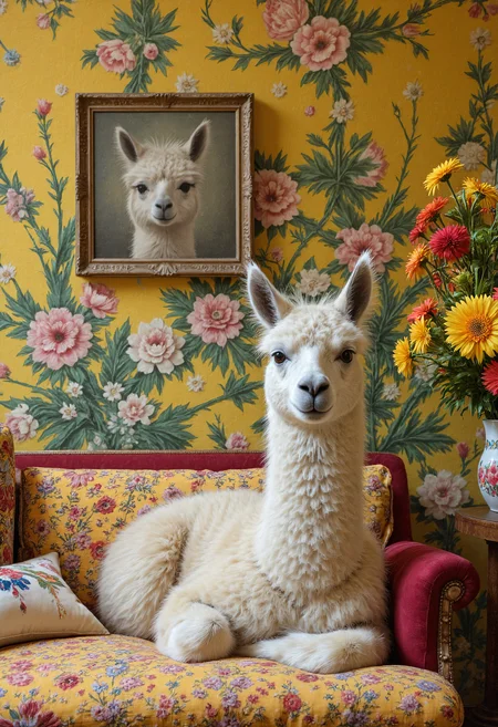 A whimsical and cozy vintage room with a charming llama comfortably lounging on a richly patterned sofa. The walls are covered in vibrant, mustard-yellow wallpaper adorned with large, intricate floral designs in shades of pink, green, and white, creating a lively, eclectic backdrop. Above the llama, a framed painting of a similar llama hangs on the wall, adding a humorous and quirky touch to the scene. The sofa is covered with colorful, embroidered cushions featuring folk-art motifs, adding texture and warmth. Nearby, a vase filled with bright, fresh flowers in reds, yellows, and greens completes the cheerful, eccentric atmosphere. Render in the style of Tim Walker, capturing his surreal yet elegant approach, with a touch of Wes Anderson's meticulous color palette and vintage aesthetic. in the style of Jed-clrfl <lora:flux-colourful:0.3> <lora:Sinfully_Stylish_.02_for_FLUX:0.6> <lora:FluxDFaeTasticDetails:0.7>