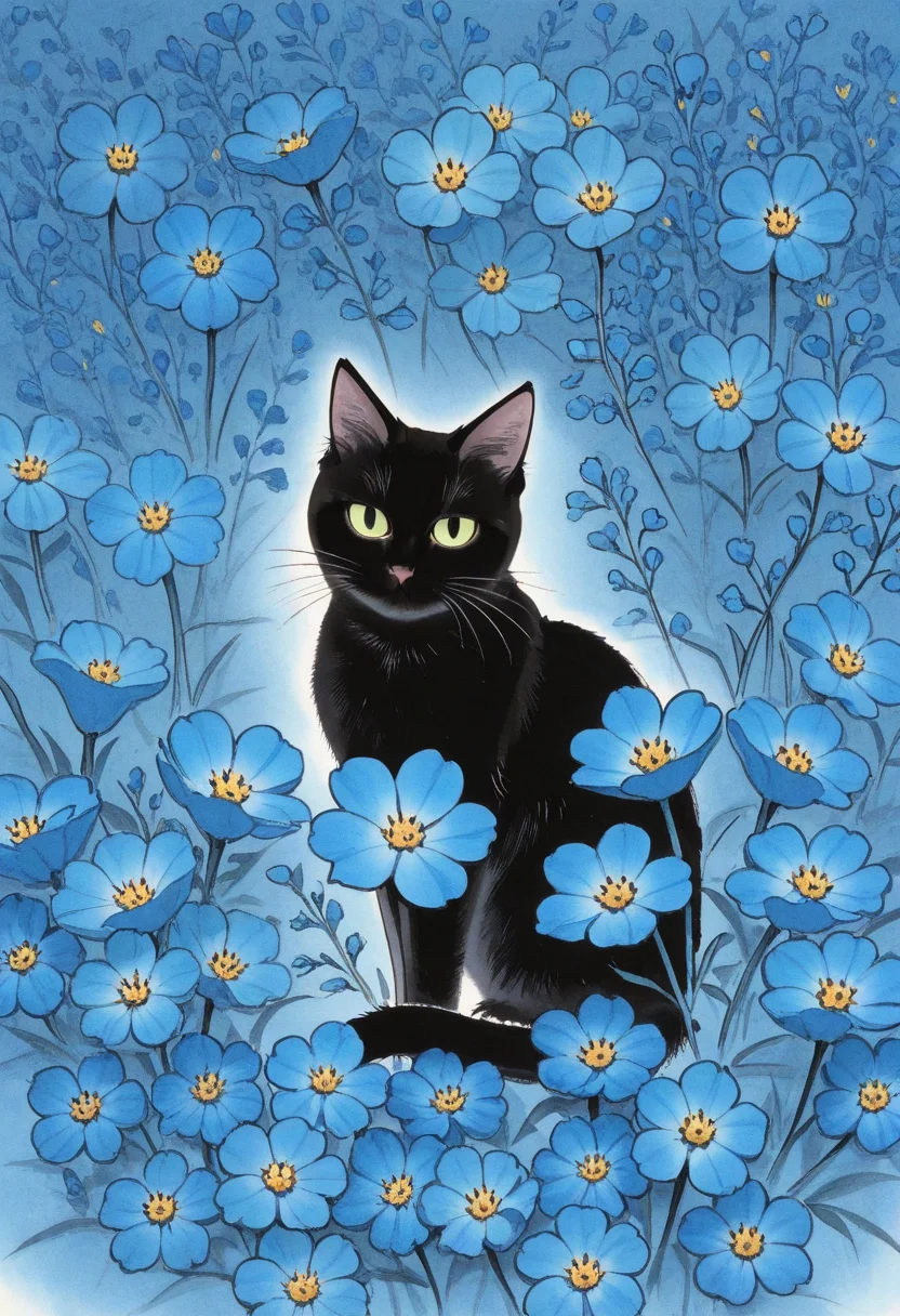 no humans, cat, black cat, eye focus, flower, looking to the side, darkness, surrounded by flowers, blue flowers, head tilt, scenery,
BREAK
<lora:Ink_wash_painting_style_from_Doubao_AI_v1:1> dbiwpstyle, traditional media, high contrast, colorful, minimalism,
BREAK
best quality, masterpiece, very aesthetic, absurdres, highest detailed, very awa, simple background,