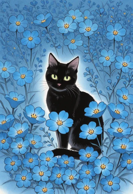 no humans, cat, black cat, eye focus, flower, looking to the side, darkness, surrounded by flowers, blue flowers, head tilt, scenery,
BREAK
<lora:Ink_wash_painting_style_from_Doubao_AI_v1:1> dbiwpstyle, traditional media, high contrast, colorful, minimalism,
BREAK
best quality, masterpiece, very aesthetic, absurdres, highest detailed, very awa, simple background,