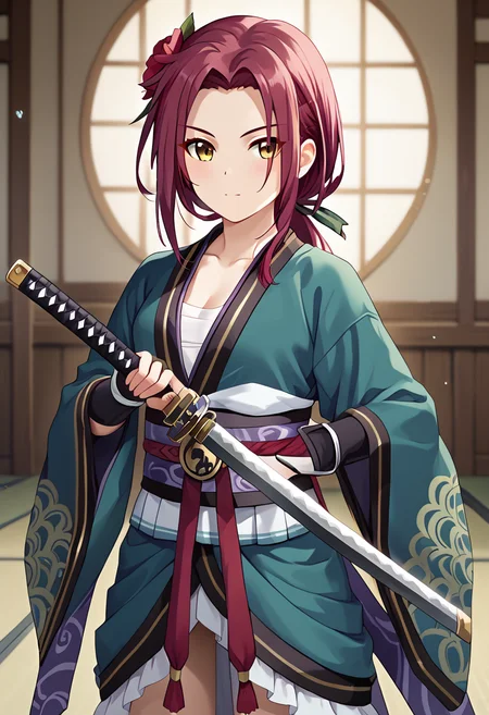<lora:ruka_Pony-10:0.7> ,score 9,score 8 up,score 7 up,1girl,tachiarairuka,yellow eyes,red hair,red hair flower,rukadefaultoutfit,japanese clothes, cowboy shot,holding katana