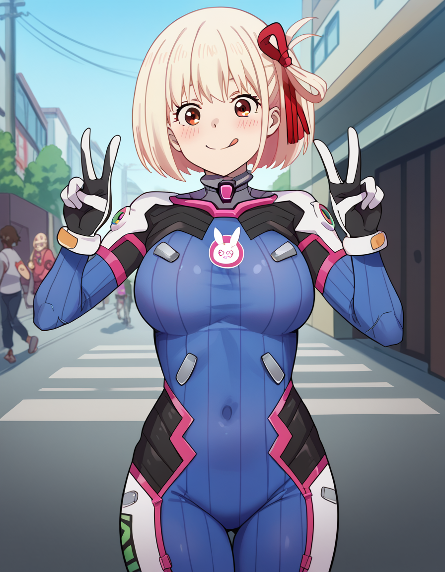 score_9, score_8_up, score_7_up, source_anime, chisatonishikigi, <lora:chisato-nishikigi-s1-ponyxl-lora-nochekaiser:1>, chisato nishikigi, short hair, bangs, blonde hair, red eyes, hair ribbon, one side up, bob cut, large breasts,, <lora:overwatch-dva-cosplay-ponyxl-lora-nochekaiser:1>, overwatch dva cosplay, d.va (overwatch) (cosplay), bodysuit, cosplay, covered navel, skin tight, vertical-striped bodysuit, streets, smile, blush, v, v over eye, tongue out, cowboy shot, looking at viewer