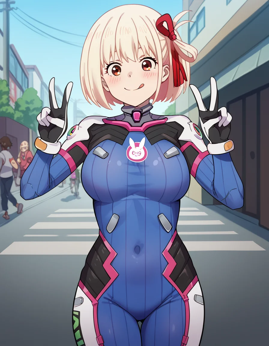 score_9, score_8_up, score_7_up, source_anime, chisatonishikigi, <lora:chisato-nishikigi-s1-ponyxl-lora-nochekaiser:1>, chisato nishikigi, short hair, bangs, blonde hair, red eyes, hair ribbon, one side up, bob cut, large breasts,, <lora:overwatch-dva-cosplay-ponyxl-lora-nochekaiser:1>, overwatch dva cosplay, d.va (overwatch) (cosplay), bodysuit, cosplay, covered navel, skin tight, vertical-striped bodysuit, streets, smile, blush, v, v over eye, tongue out, cowboy shot, looking at viewer