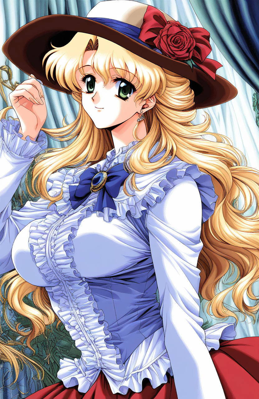 score_9, score_8_up, score_7_up, source_anime, rating_explicit, BREAK  <lora:Itou_Kaori_SHANGRLIA2_XL:1>Itou_Kaori, blonde hair, long hair, large breasts, earrings, green eyes,
1girl, hat, solo, flower, hat flower, game cg style,
bow, rose, cape, looking at viewer, smile, skirt, brooch, ribbon, long sleeves, frills, red skirt, curtains, shirt, red bow, 1990s (style), bowtie, dress