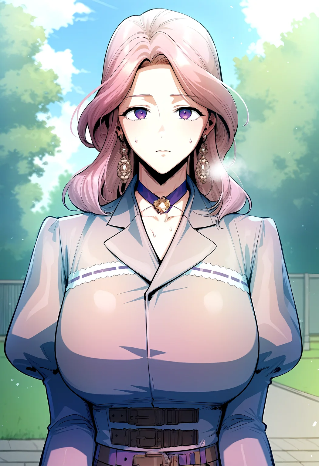 score_9, score_8_up, score_7_up, score_6_up, source_anime, rating_explicit, <lora:neg4all_bdsqlsz_V3.5:2.0>1girl, (solo:1.2), huge breasts, <lora:Selinaponyxl:1> jewelry, earrings, pink hair, purple eyes, long hair, purple choker, pink jacket, long sleeves, juliet sleeves, puffy sleeves, white gloves, belt, pink skirt, expressionless, Narrow shoulders, sweat, heavy breathing, steaming body, park, outdoor, looking at viewer,