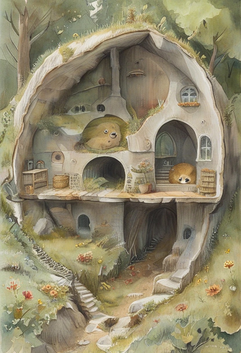 (watercolor art), depicting the inside of a burrow that functions as a the cozy dwelling of a sentient hedgehog.