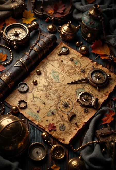 A richly detailed and cinematic composition featuring a vintage explorer's setup. At the center lies an aged, weathered map with intricate nautical markings, surrounded by beautifully crafted brass compasses, their metallic sheen catching subtle light. The map is yellowed and burned along the edges, suggesting history and adventure, with delicate illustrations of compass roses and old-world text.
Resting beside the map is a leather-bound journal, its dark, rugged texture enhanced by visible stitching and brass accents. The soft fabric in the upper corner appears frayed, adding an authentic and worn look. Scattered around the scene are small objects like pearls, rusted metal rings, and autumn leaves, evoking a sense of discovery and mystery.
The warm, muted tones of the image create an inviting and nostalgic atmosphere, while the fine details of the map and compasses hint at tales of exploration and uncharted lands. The composition balances elegance and ruggedness, celebrating the spirit of adventure and the allure of the unknown.
<lora:CPA:0.5> <lora:FLUX-daubrez-DB4RZ-v2:0.3> <lora:ck-shadow-circuit:0.35> in the style of cksc, <lora:Ethereal Brush Anime v2.0:0.3> <lora:It's a LoRA for portraits, BUT! actually specialized in backgrounds. v1.0:0.15> <lora:Dark_and_sentimental:0.8>