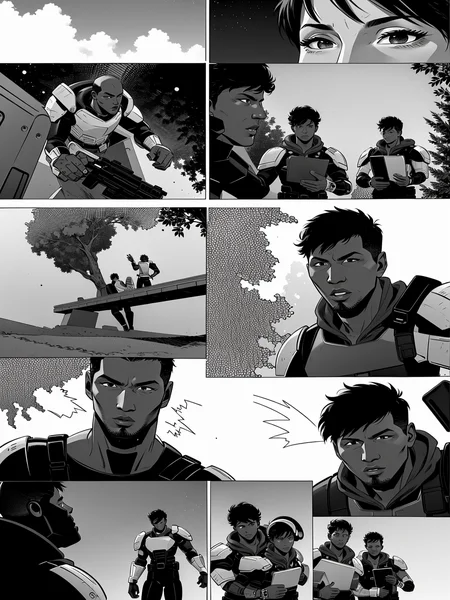 (Realistic:1.5) (masterpiece) dark-skinned male, headphones, no humans, saliva, single mechanical arm, office, cardboard box, hoodie, shoulder armor, 6+boys, tree, motor vehicle, assault rifle, bookshelf, ocean, bowl, rifle, table, 2girls, watercraft, shoulder armor, jewelry, boots, cyborg, cloud, apron, monochrome, night, beret, driving, <lora:EdobComic01_v1.0:0.8>
