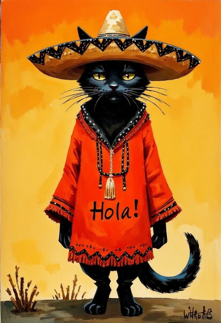Oil painting by Frank Frazetta. An antrophomorphic black cat in a poncho and wearing a sombrero saying "Hola"