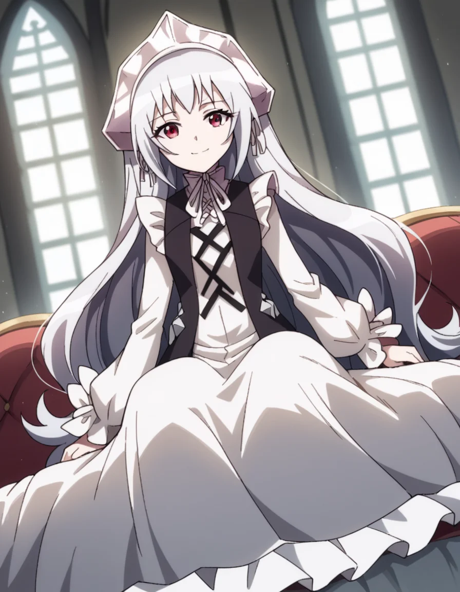 score_9, score_8_up, score_7_up, source_anime,
ironmaidenjeanne, <lora:iron-maiden-jeanne-2021-ponyxl-lora-nochekaiser:1>,
jeanne, long hair, very long hair, white hair, red eyes,
dress, frills, white dress, frilled sleeves, long sleeves, ribbon, headdress, white headdress, black vest, criss-cross straps,
indoors, smile, sitting,
looking at viewer, cowboy shot, solo, dutch angle