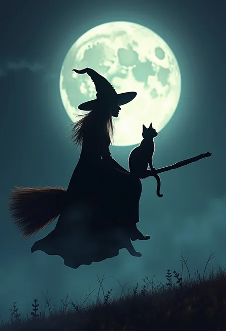 Matesrpiece. Illustration of a silluette of witch and her cat sitting on a broomstick in front of a full moon. The witch is wearing a pointed hat and a long cloak. The cat is sitting on the broomstick behind the witch. The background is dark, with a hint of blue and white, and the moon is partially visible behind a fog. The overall mood of the image is eerie and mysterious. high-res, semi realistic, best quality, intricate details, ultra details, good lighting, vibrant colors, very detailed, octane render, ray tracing, mythp0rt