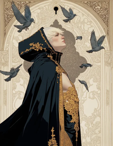 By Phandigrams. A digital illustration shoot from a profile camera angle about a male character in a hooded cloak, surrounded by birds, set against a detailed architectural background. the image also shows a male figure in the middle of the image, who appears to be a young adult, with light skin, white hair, and blue eyes, wearing a dark, ornate black cloak with gold accents. the character is standing in profile, looking up at the sky with a serious expression. on the upper body of the character, the male figure is positioned in the center of the frame, with his upper body facing the viewer. he has a slim body, and is wearing a black hooded jacket with intricate gold designs. the background features a detailed, old-fashioned architectural pattern with a keyhole and several birds flying around, creating a sense of movement and adventure. the overall style is reminiscent of comic book art, with bold lines and a dark color palette, giving the image a fantasy feel.