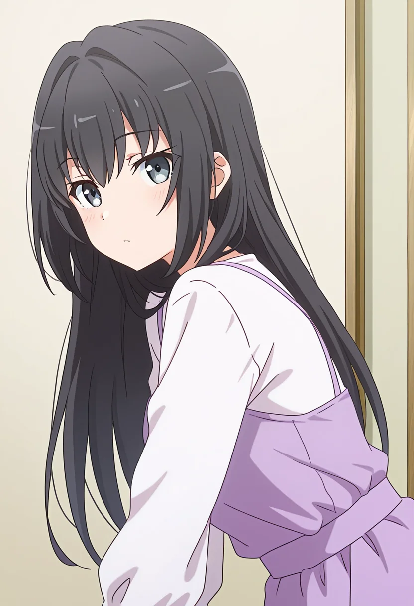 1girl, oregairumiagup, black hair, long hair, purple dress, white shirt, looking at viewer, cute, season1art, <lora:RumiHighSchool_ill_v2:1>, masterpiece, best quality, high quality, detailed, absurdres