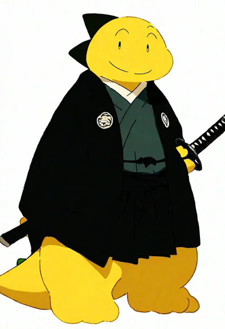 zuppusaurus (zuppu11), artist:zuppu11, momowaa, r5k8m, 1boy, solo, furry, cute, kemono, masterpiece, best quality, very awa, very aesthetic, absurdres, full body, yellow body, wear black japanese traditional male clothes, holding katana