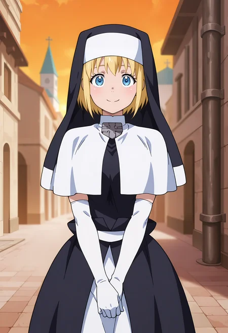 anime screencap, masterpiece, best quality,
<lora:EnenNoShouboutai_Iris_IlluXL:0.9>,
1girl, solo, closed mouth, smile, blush,
short hair, blonde hair, blue eyes,
nun, white capelet, black dress, elbow gloves, white gloves, black skirt, overskirt, white skirt,
v arms, standing, looking at viewer, cowboy shot,
blurry background, outdoors, city, sun, street, church, industrial pipe, orange sky