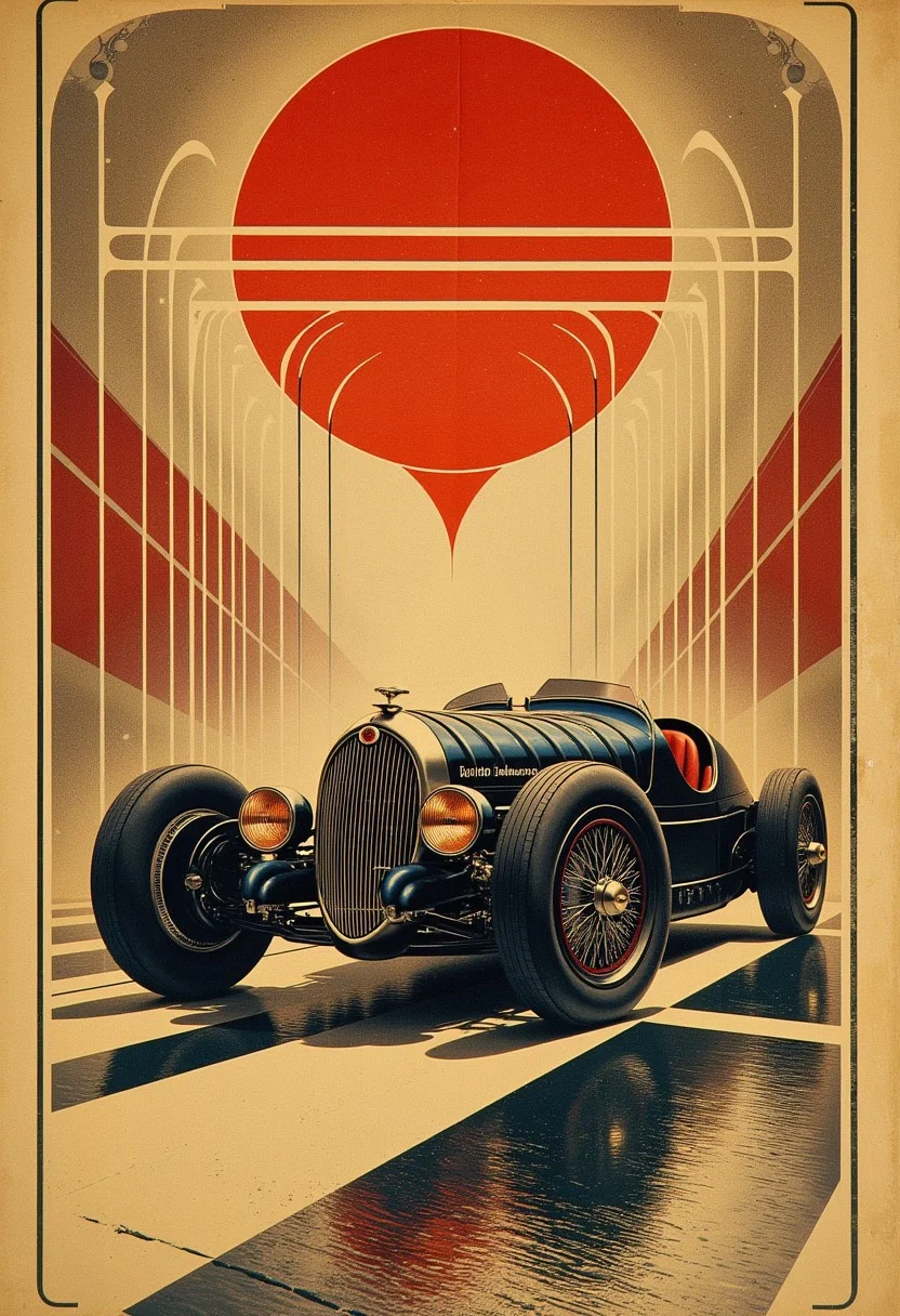 ArsMJStyle, ArtDecoVintageFuture, art deco poster style of 1930s Bugatti racing car