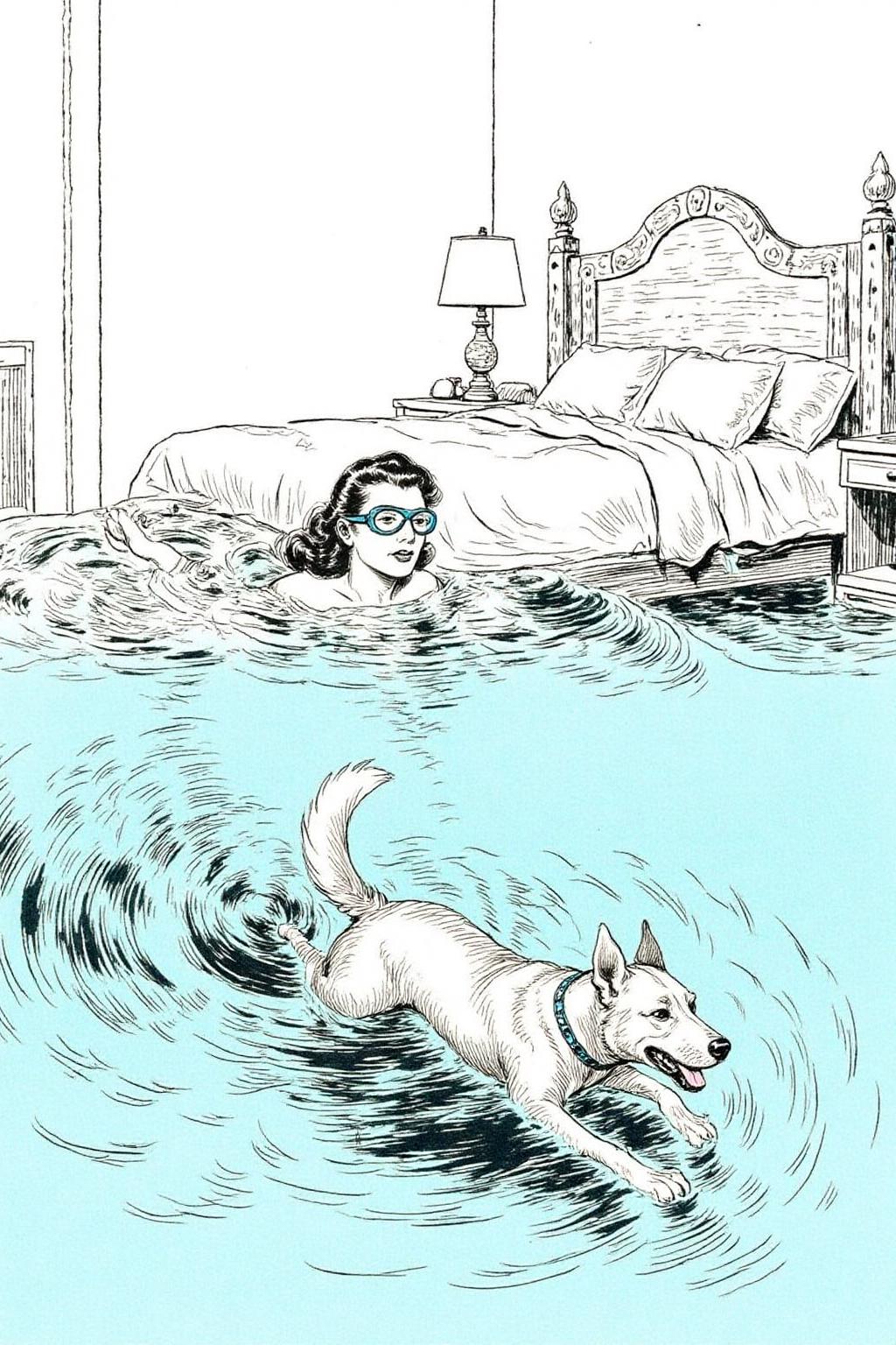 alexray1 drawing.
 a woman and her dog swimming in a bedroom completely filled with water. The room's furniture, including a bed, nightstand, and lamp, is all submerged, creating an otherworldly underwater environment. The woman, wearing goggles, her head half submerged, with her hair floating freely in the water, moves gracefully as she glides past the submerged bed, her dog swimming energetically by her side. The dog's tail wags as it paddles through the water, clearly enjoying this unexpected adventure. Soft light filters through the water, casting gentle ripples and reflections across the room, adding to the dreamlike atmosphere of the scene  <lora:alexray1_nocap_d6a3:1.0><lora:815495143105808301:0>