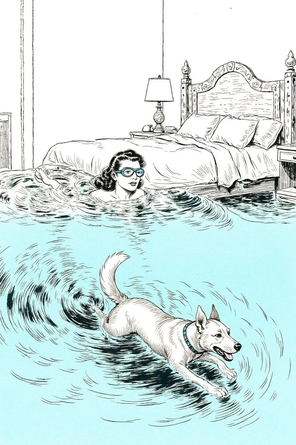 alexray1 drawing.
 a woman and her dog swimming in a bedroom completely filled with water. The room's furniture, including a bed, nightstand, and lamp, is all submerged, creating an otherworldly underwater environment. The woman, wearing goggles, her head half submerged, with her hair floating freely in the water, moves gracefully as she glides past the submerged bed, her dog swimming energetically by her side. The dog's tail wags as it paddles through the water, clearly enjoying this unexpected adventure. Soft light filters through the water, casting gentle ripples and reflections across the room, adding to the dreamlike atmosphere of the scene  <lora:alexray1_nocap_d6a3:1.0><lora:815495143105808301:0>