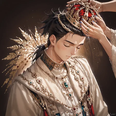 safe_pos, safe_pos, Score_9,score_8_up,score_7_up, Highly detailed, masterpiece, high quality, beautiful, high resolution, good details, 1boy, 1boy, sexy (cute petite boy), source_anime, skinny, aged down, petite, Boy, detailed background,
van freiheit, black hair, spike hair, brown eyes, ponytail
Solo, solo focus, crown, blue nails, upper body, solo, male focus, closed eyes, ring