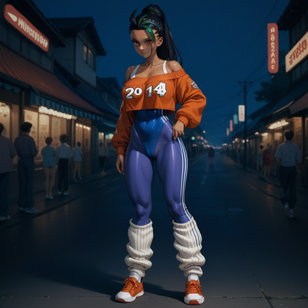 ((score_9)),score_8_up,score_7_up,score_6_up,score_5_up,score_4_up, retro_workoutwear, source_pokemon, Nemona, BREAK, aged_up, large breasts, 20 year old female, Nemona\(Pokemon\), 1woman, dark-skinned_female, streaked hair, retro_workoutwear, 1980s_(style), aerobics, headband, off_shoulder, highleg_leotard, leg_warmers, thong_leotard, cropped_sweater, leg_warmers, sneakers, studio,