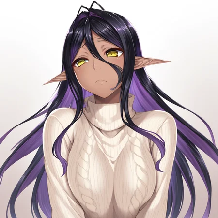 1girl, solo focus, yellow eyes, black hair, purple hair, streaked hair, multicolored hair, long hair, sidelocks, antenna hair, dark elf, dark skin, ribbed sweater, turtleneck sweater,