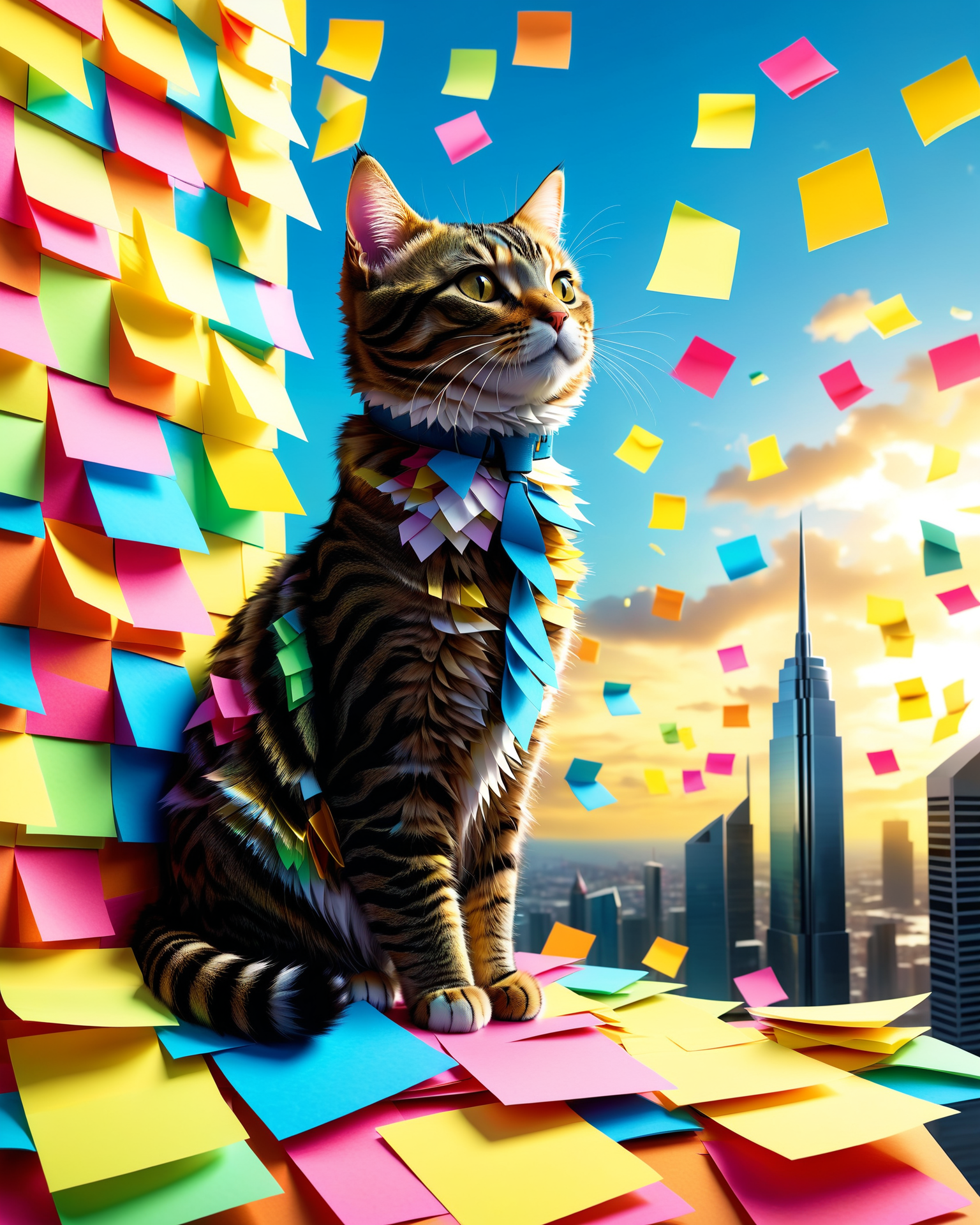 (masterpiece:1.2), (best quality:1.2), highly detailed, realistic texture, sharp details, extremely delicate and beautiful, realistic cg 8k wallpaper
<lora:StickyNotesStyle:0.7>  <lora:TQ_-_Paper_Quilling_Art_XL_r1:0.6> (cute:1.2), whimsical, Jed-StickyN, a tabby cat perched on top of a towering skyscraper made entirely of colorful sticky notes, swirling wind animates cascading notes into the sky, dramatic low-angle view, golden hour lighting, whimsical worldbuilding