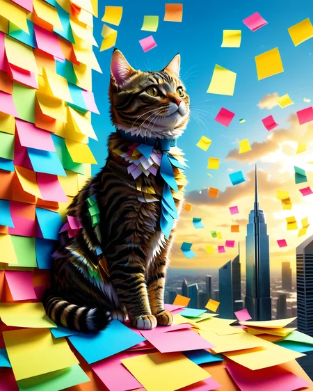 (masterpiece:1.2), (best quality:1.2), highly detailed, realistic texture, sharp details, extremely delicate and beautiful, realistic cg 8k wallpaper
<lora:StickyNotesStyle:0.7>  <lora:TQ_-_Paper_Quilling_Art_XL_r1:0.6> (cute:1.2), whimsical, Jed-StickyN, a tabby cat perched on top of a towering skyscraper made entirely of colorful sticky notes, swirling wind animates cascading notes into the sky, dramatic low-angle view, golden hour lighting, whimsical worldbuilding