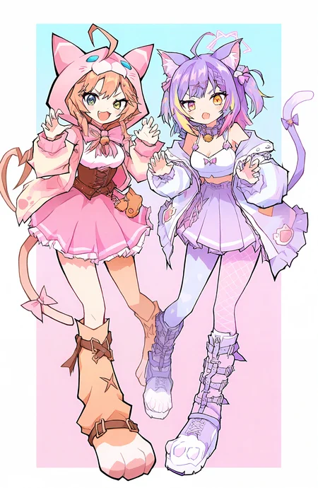 open_mouth, skirt, blonde_hair, multiple_girls, brown_hair, bow, animal_ears, 2girls, jacket, purple_eyes, tail, yellow_eyes, ahoge, purple_hair, multicolored_hair, pantyhose, boots, virtual_youtuber, fang, hood, cat_ears, streaked_hair, cat_tail, heterochromia, cat_girl, hood_up, corset, pink_skirt, purple_skirt, animal_hood, tail_ornament, claw_pose, cat_hood
