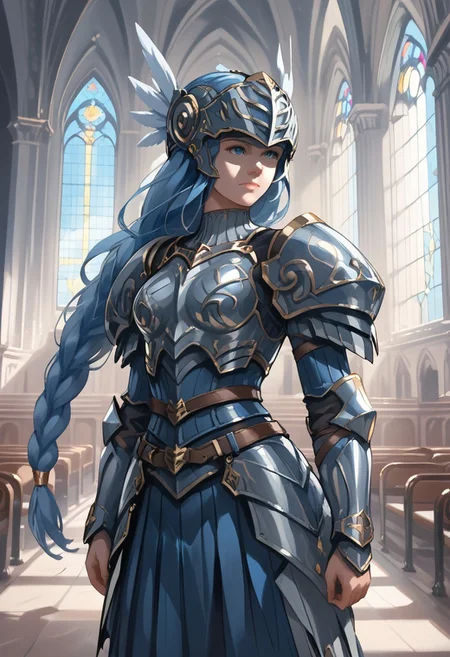 wlop, Art of a beautiful woman, silvery-blue hair, long hair, single braid, smooth skin, fair skin. Highly detailed, extreme clarity. Metal armor, belt boots, bracers, winged helmet, Valkyrie helmet, shoulder armor, breastplate, armored boots, white pleated skirt, deep blue armor, silver details. Helmet covers eyes. Beaked shape to helmet. Inside a cathedral. by wlop. Slim shoulders.