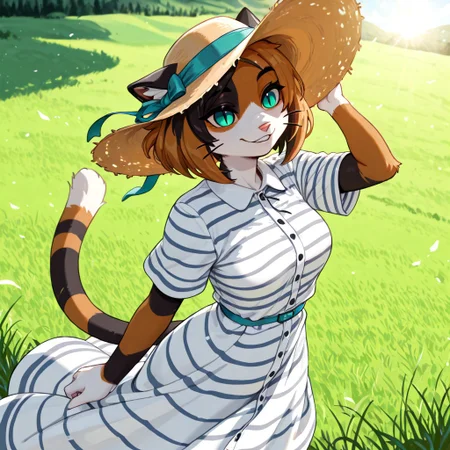masterpiece, best quality, newest, absurdres, highres, furry, perfect anatomy, K4w4,1girl,solo,furry,furry female,cat girl,short hair,multicolored hair,cat ears,aqua eyes,slit pupils,snout,animal nose,whiskers,body fur,two-tone fur,cat tail,striped tail, hills, grass, sunny, windy, striped dress, black and white dress, sun hat, sunshine, beautiful, looking off, happy, smiling,