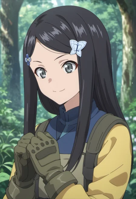 score_9, score_8_up, score_7_up, source_anime, yamano mitsuha, black hair, long hair, grey eyes, 1girl, hair ornament, solo, gloves, smile, hairclip, flower, nature, anime coloring, hair flower, forest, outdoors