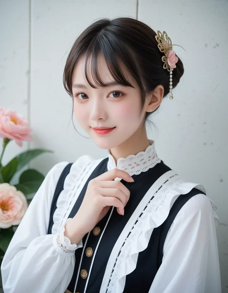 score_9, score_8_up, high quality, masterpiece,
[:natural skin, detailed skin, (skindentation:0.3):0.5], skin pore, pale skin,
cinematic light, finely detailed face, looking at viewer, (Composition from the waist up:1.4),
1 girl, 18year old, black short hair , naughty smile, Ruffled long sleeve shirt, hair ornaments,
lots of delicate flowers background, [Cloudy sky:0.2], kissmilk, <lora:kissmilk_v12-10:0.7>