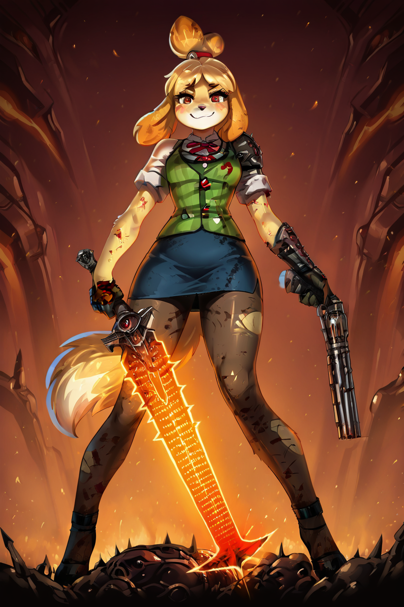 masterpiece, best quality, eyelashes, (beautiful eyes),  solo,   zzIsabelleDoom, furry, dog nose, power armor, brown eyes, topknot, dog ears, blouse, crucible (doom), demon, dog tail, double-barreled shotgun, energy sword, energy weapon, gun, hair bell, legs apart, miniskirt, multiple-barrel firearm, nintendo, pantyhose, pencil skirt, plaid clothes, red eyes, ryuusei (mark ii), sawed-off shotgun, shirt, shotgun, side-by-side-barreled shotgun, skirt, smile, sword, tail, torn clothes, torn pantyhose, weapon, white shirt, smug, blooming stars, luminescent petals, otherworldly fragrance blurry background,  <lora:IsabelleDoomSlayerIXL:1.0>,
