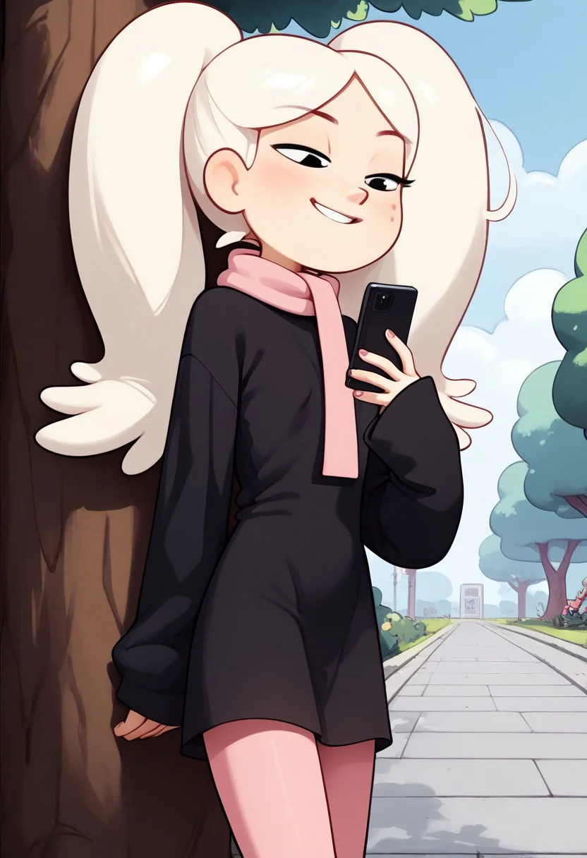 score_9, score_8_up, score_8, score_9, 1girl, solo, ((solo focus))
long hair, platinum blonde hair, long twin pigtails, red freckles, black eyes, oversized black dress, sleeves covering hands, light pink scarf, salmon pink tights, black sneakers,, small breasts, smug,
<lora:Twintails_Marra_v1:>
outdoors, sidewalk, leaning against tree, holding cellphone, looking down, ((upper body focus))