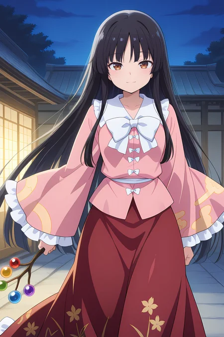 absurdres, highres, masterpiece, best quality, amazing quality, official anime artwork, screencap, anime screencap, outdoors, looking at viewer, light smile, dynamic pose,
<lora:Kaguya-Houraisan_Illustrious:1> houraisan kaguya, 1girl, solo, brown eyes, black hair, long hair,, pink shirt, long sleeves, wide sleeves, white bow, red skirt, long skirt, jeweled branch of hourai