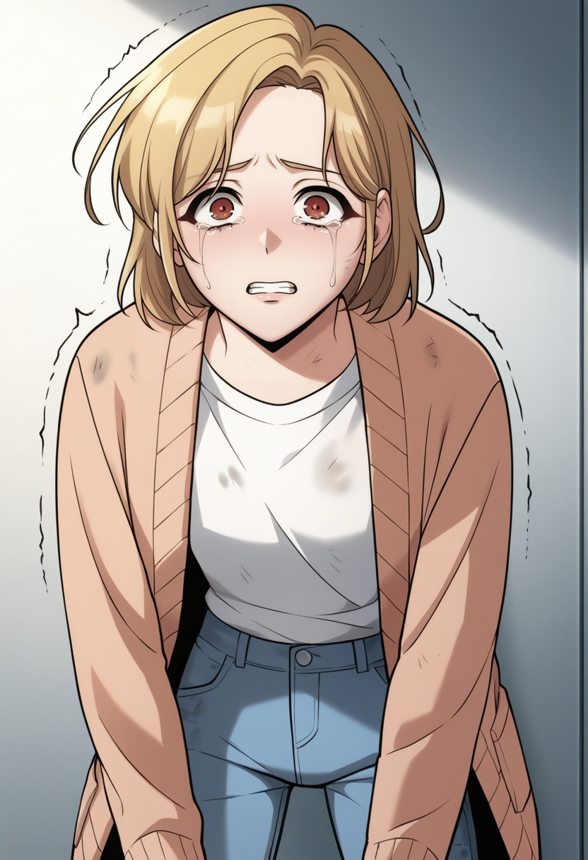 source_anime,anime screencap, anime coloring,intricate details,rating_explicit, masterpiece, best quality,
(best quality, absurd res, ultra detailed),,(4 finger:0.5),1girl, ((solo)), good eyes,perfect eyes,,detailed eyes, zPDXLxxx , zPDXL3, OverallDetail,detailed, detailed face
BREAK
solo,indoors,standing,front  view,
shinyoosung, short hair, blonde hair, brown eyes, white shirt, open cardigan, blue pants, jeans, denim, long sleeves, upper body, teeth, crying with eyes open, tears, trembling, scared, dirty,
, <lora:add-detail-xl:2>  <lora:shin_yoosung-02:1>