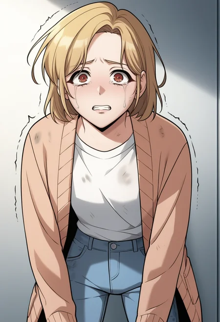 source_anime,anime screencap, anime coloring,intricate details,rating_explicit, masterpiece, best quality,
(best quality, absurd res, ultra detailed),,(4 finger:0.5),1girl, ((solo)), good eyes,perfect eyes,,detailed eyes, zPDXLxxx , zPDXL3, OverallDetail,detailed, detailed face
BREAK
solo,indoors,standing,front  view,
shinyoosung, short hair, blonde hair, brown eyes, white shirt, open cardigan, blue pants, jeans, denim, long sleeves, upper body, teeth, crying with eyes open, tears, trembling, scared, dirty,
, <lora:add-detail-xl:2>  <lora:shin_yoosung-02:1>