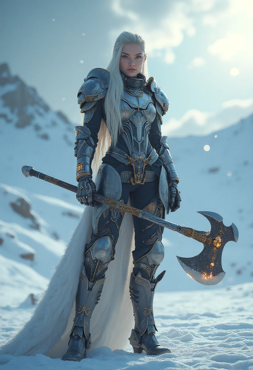 vikingpunk style, in the middle of an icy wasteland a futuristic Viking warrior-princess stands tall, clad in a suit of advanced, articulated armor that blends seamlessly with her athletic physique. Her hair cascades down her back that reflects the pale light of the dual suns. Her piercing eyes gleam with a fierce determination, as she wields a futuristic battle axe imbued with ancient runes that crackle with power. The frozen terrain stretches out before her, a testament to her people's conquest of this area. The air is crisp and cold, with a hint of ozone from the frequent lightning storms that rage across the horizon with dark ominous clouds hiding part of the distant mountains. <lora:fluxVikingPunk_epoch_1> , <lora:other/flux_realism_lora.safetensors:1.0> . Nordic and Viking-inspired aesthetic with armor elements, mechanical enhancements, and futuristic technology