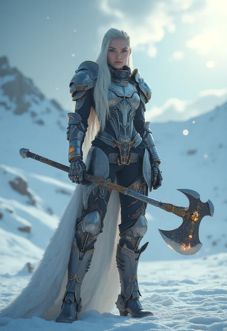 vikingpunk style, in the middle of an icy wasteland a futuristic Viking warrior-princess stands tall, clad in a suit of advanced, articulated armor that blends seamlessly with her athletic physique. Her hair cascades down her back that reflects the pale light of the dual suns. Her piercing eyes gleam with a fierce determination, as she wields a futuristic battle axe imbued with ancient runes that crackle with power. The frozen terrain stretches out before her, a testament to her people's conquest of this area. The air is crisp and cold, with a hint of ozone from the frequent lightning storms that rage across the horizon with dark ominous clouds hiding part of the distant mountains. <lora:fluxVikingPunk_epoch_1> , <lora:other/flux_realism_lora.safetensors:1.0> . Nordic and Viking-inspired aesthetic with armor elements, mechanical enhancements, and futuristic technology