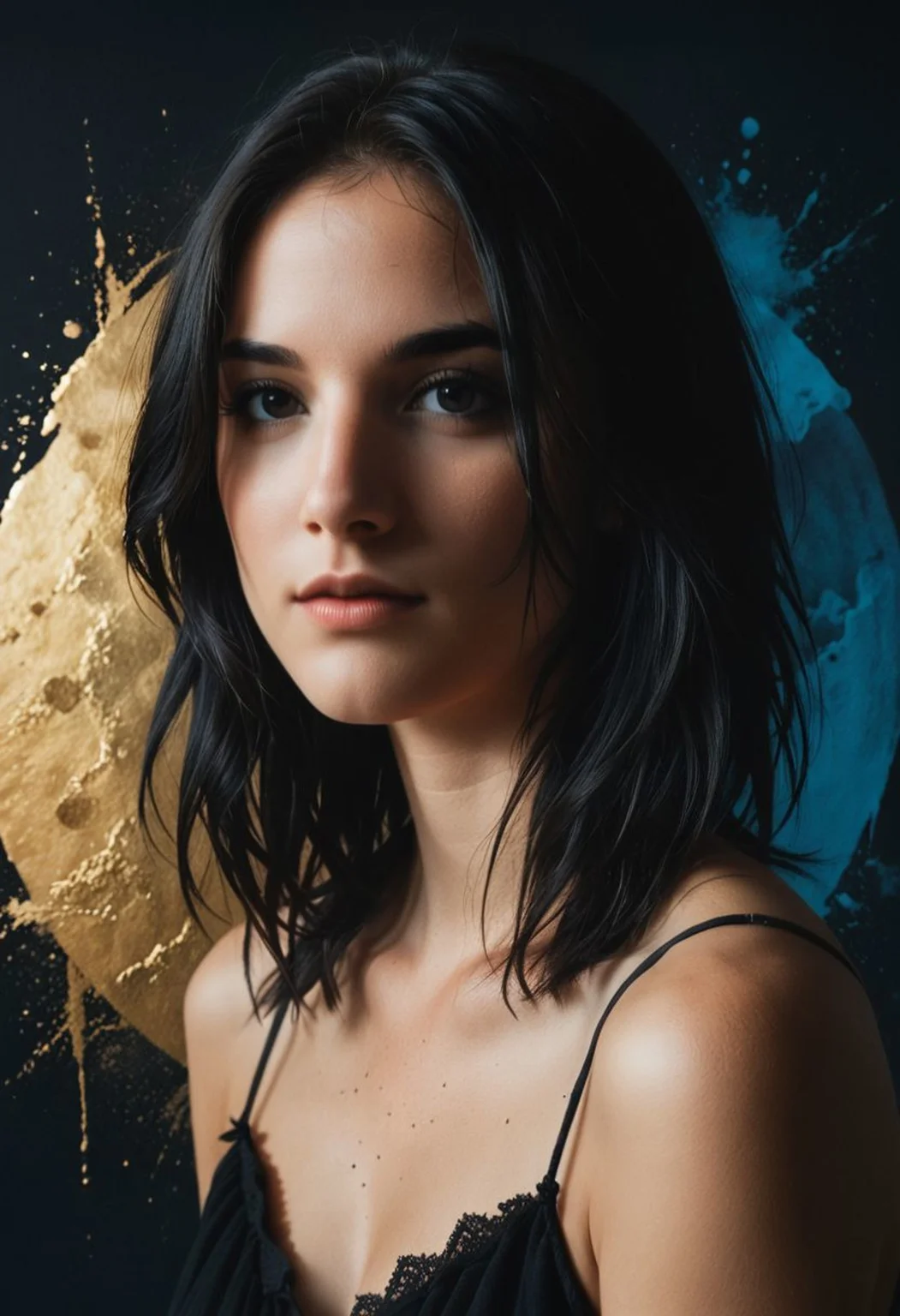 a woman with long black hair in a gold painting, in the style of charlie bowater, dark blue and dark black, michael garmash, comic art, realistic color palette, dark black and beige, soft-focused realism --ar 24:37 --stylize 750 --v 6