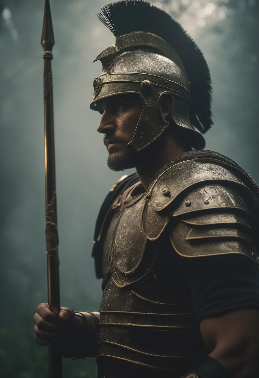 Side View of a Roman Warrior pierced By a spear, Overgrown, mystic, ethereal, darkness, 
atmospheric haze, Film grain, cinematic film still, shallow depth of field, highly detailed, high budget, cinemascope, moody, epic, OverallDetail, 2000s vintage RAW photo, photorealistic, candid camera, color graded cinematic, eye catchlights, atmospheric lighting, imperfections, natural, shallow dof
