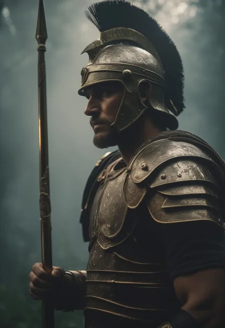 Side View of a Roman Warrior pierced By a spear, Overgrown, mystic, ethereal, darkness, 
atmospheric haze, Film grain, cinematic film still, shallow depth of field, highly detailed, high budget, cinemascope, moody, epic, OverallDetail, 2000s vintage RAW photo, photorealistic, candid camera, color graded cinematic, eye catchlights, atmospheric lighting, imperfections, natural, shallow dof