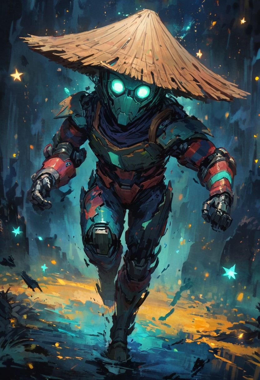monk with wide wooden hat, running, robotic arms, cyber ninja, detailed character, zoom in, motion particles, falling stars,  horror atmosphere,  dark night, atmospheric, (cyan glow), UHD, impressionism, absurdres, horror, beautiful digital painting, paintlike, dreamy,