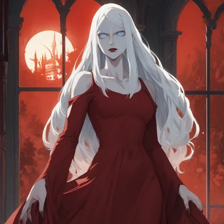 source_anime, ((score_9)),score_8_up,score_7_up,score_6_up,score_5_up,score_4_up, 1woman, carmilla_(castlevania), castlevania_(netflix), castlevania style, castl3van1a5tyl3, (Masterpiece), (anime, illustration), 4k, high res, highest quality, ray tracing, perfect eyes, BREAK, A beautiful woman stands in a tight-fitting, red dress, Carmilla, carmilla_(castlevania), 1woman, vampire, pale skin, albino, red dress, long dress, pauldrons, long hair, white hair, long hair, (blue eyes:1.2), by a window, Red sky, full moon, castle,