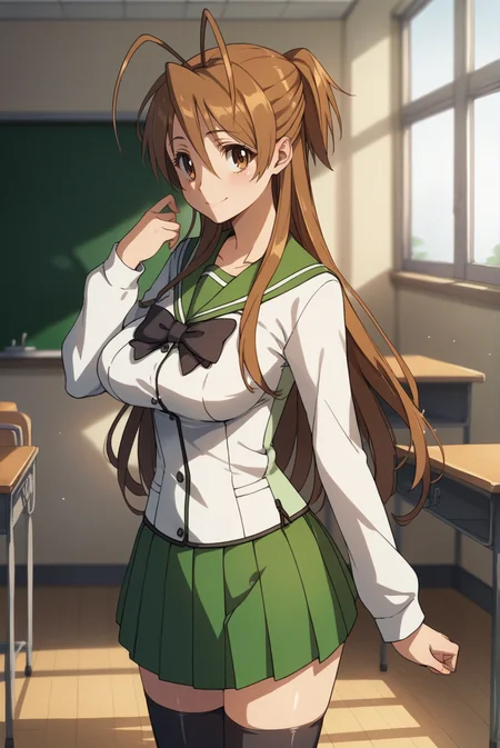 score_9, score_8_up, score_7_up, score_6_up, score_5_up, score_4_up, BREAK source_anime, 1girl, solo,
<lora:ReiMiyamotoXL-v3-07:0.7>, ChopioRei, long hair, brown hair, shiny hair, antenna hair, brown eyes, looking at viewer,
large breasts,
half updo,
outfit_1, serafuku, white shirt, long sleeves, green sailor collar, black bowtie, pleated skirt, green skirt, zettai ryouiki, black thighhighs,
classroom, standing, smile, cowboy shot, contrapposto,