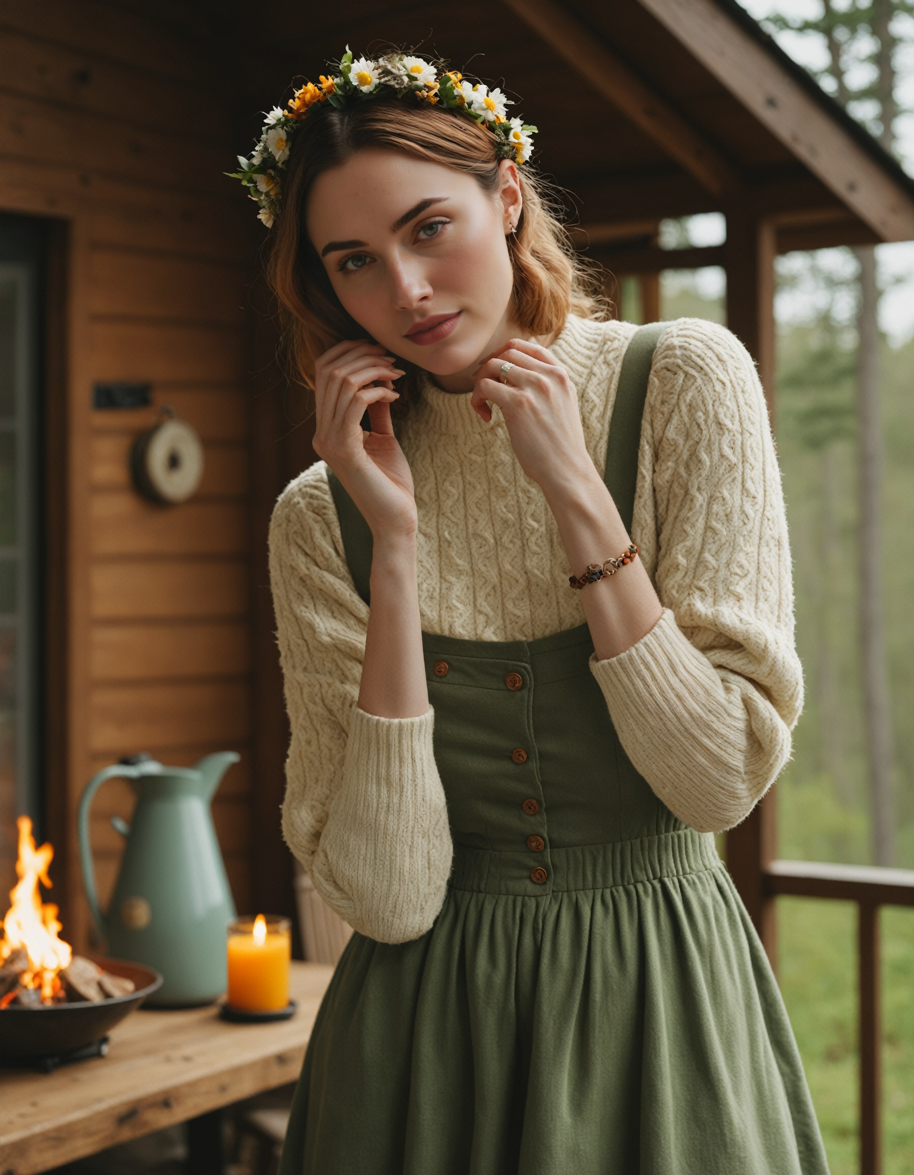 realistic photography of a woman in a cozy and wholesome cottagecore-inspired outfit, celebrating simplicity and nature